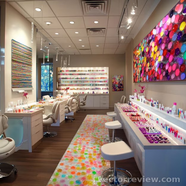 A nail salon with manicure and pedicure stations and colorful nail ...