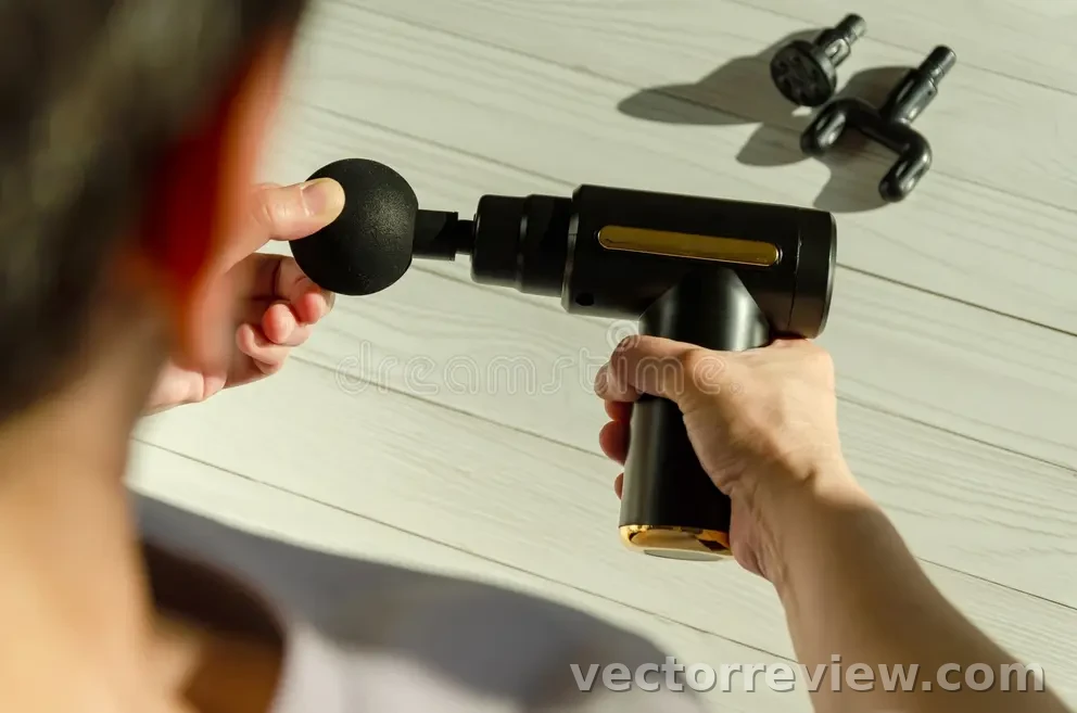 Woman Holding Portable Massage Gun, Demonstrating Changing Attachments ...