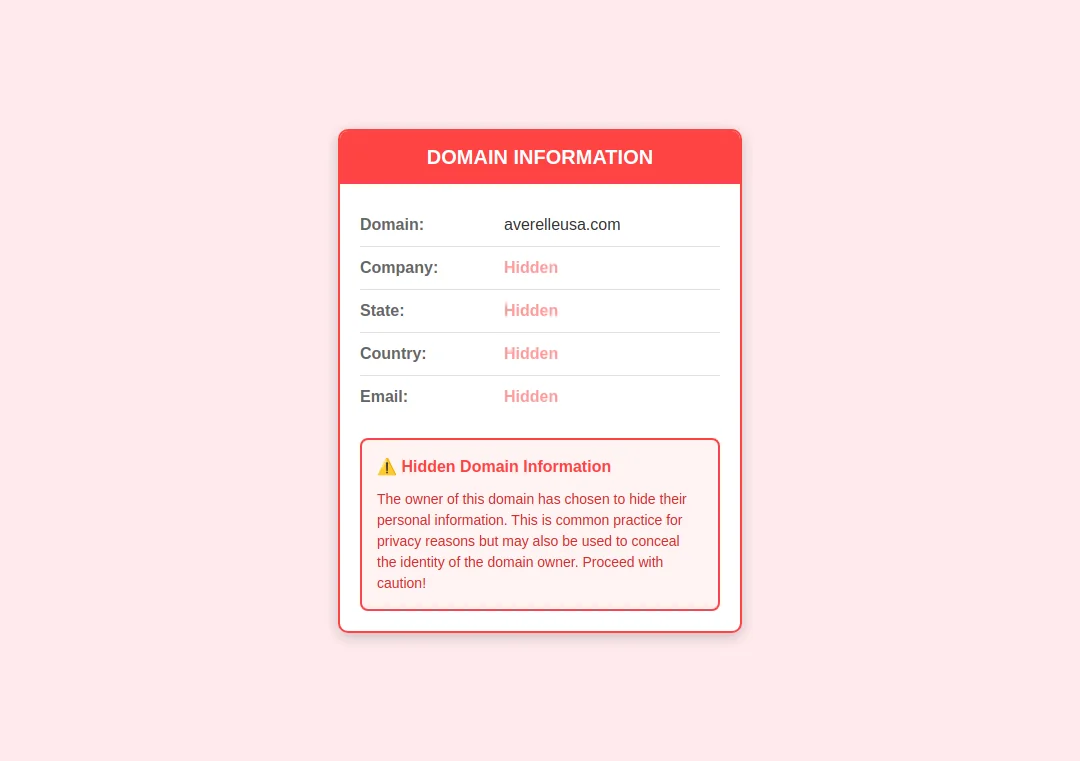 Alert showing averelleusa.com domain owner info is hidden