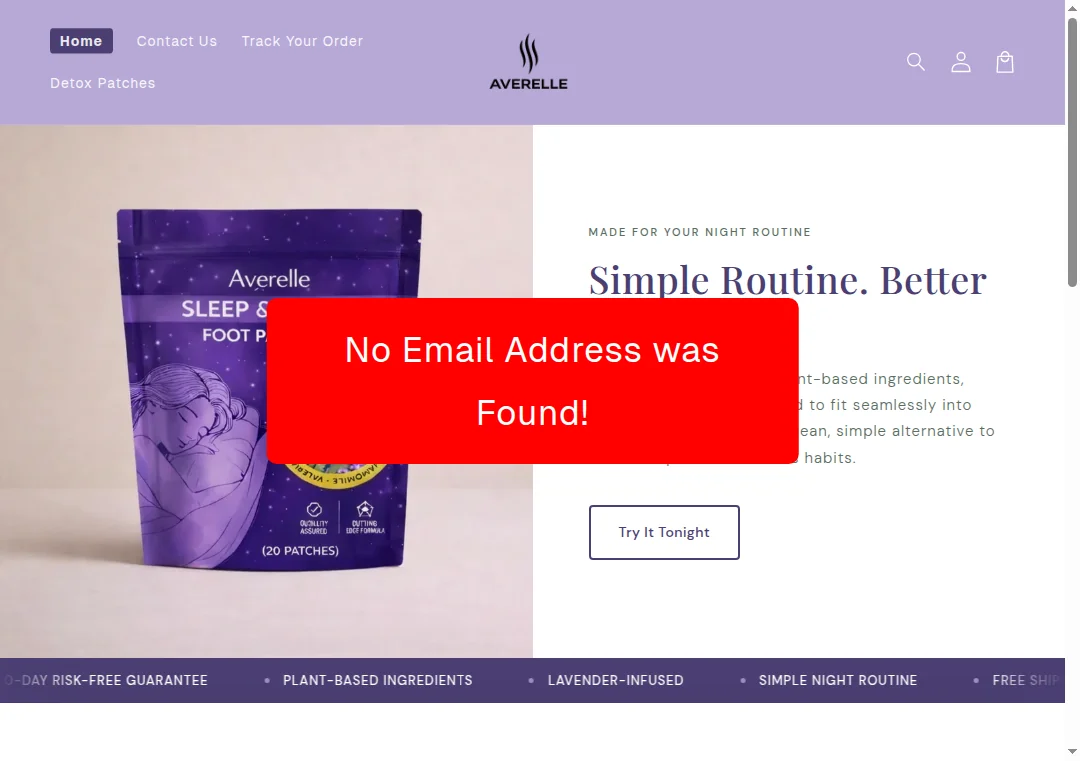 Screenshot showing no email address on averelleusa.com