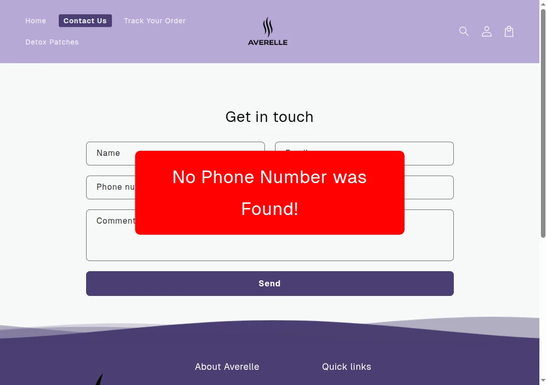 Screenshot showing no phone number on averelleusa.com contact page