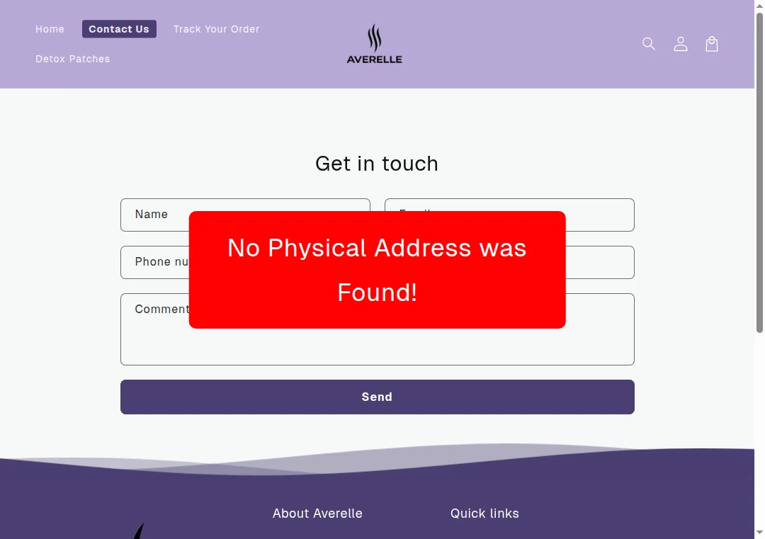 Screenshot showing no physical address listed on averelleusa.com