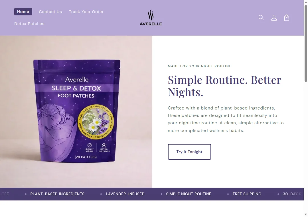 Screenshot of averelleusa.com homepage showing product