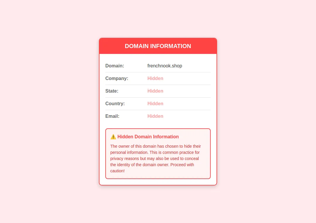 Screenshot showing frenchnook.shop domain privacy alert