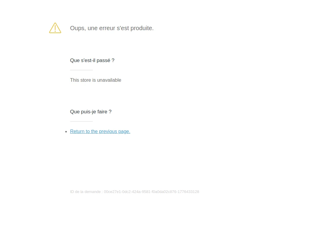 Screenshot of frenchnook.shop homepage showing error message
