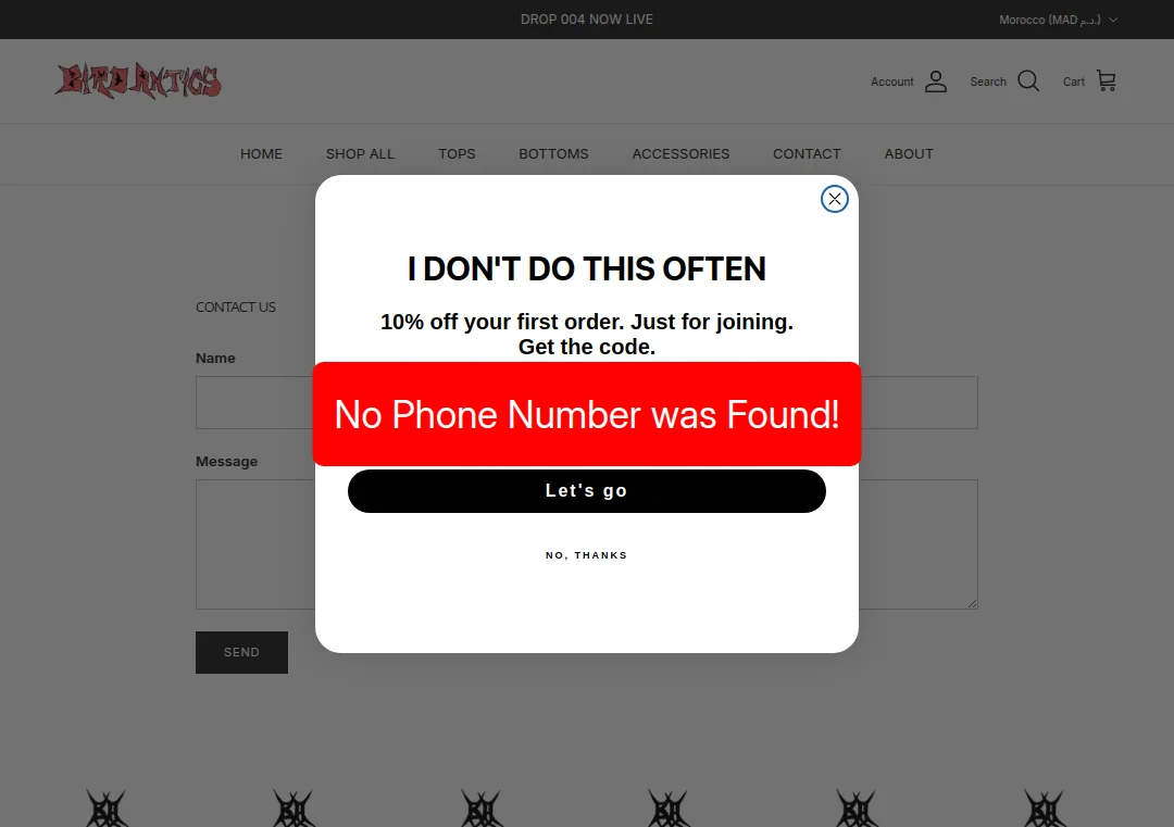 Screenshot of birdantics.com website showing no phone number available