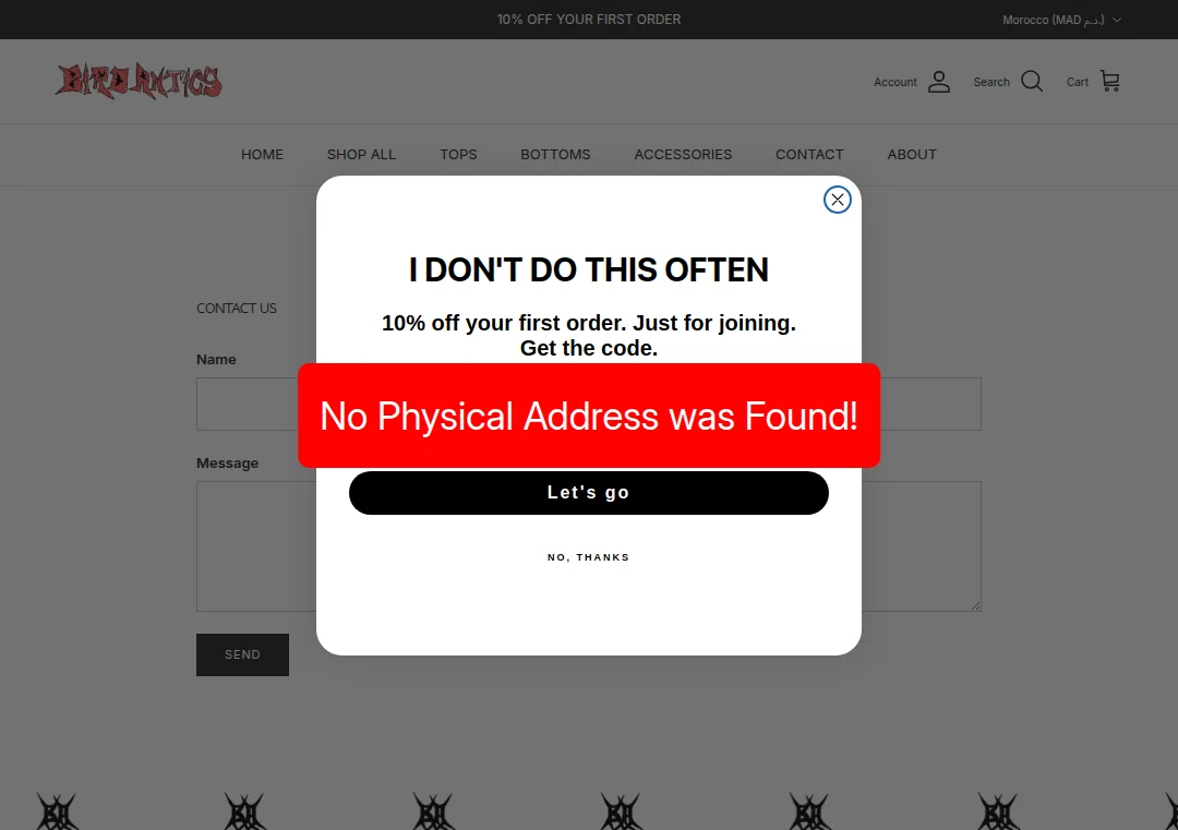 Screenshot showing birdantics.com website lacks a physical address
