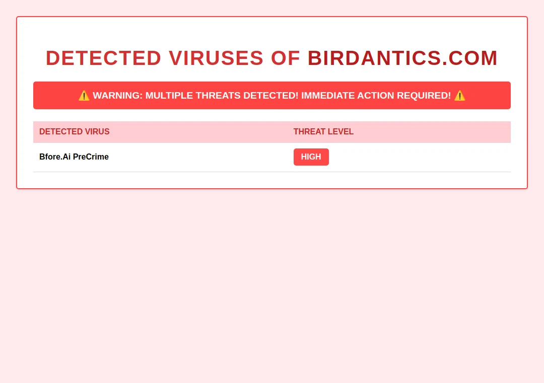 Security alert screenshot showing potential malware detected on birdantics.com
