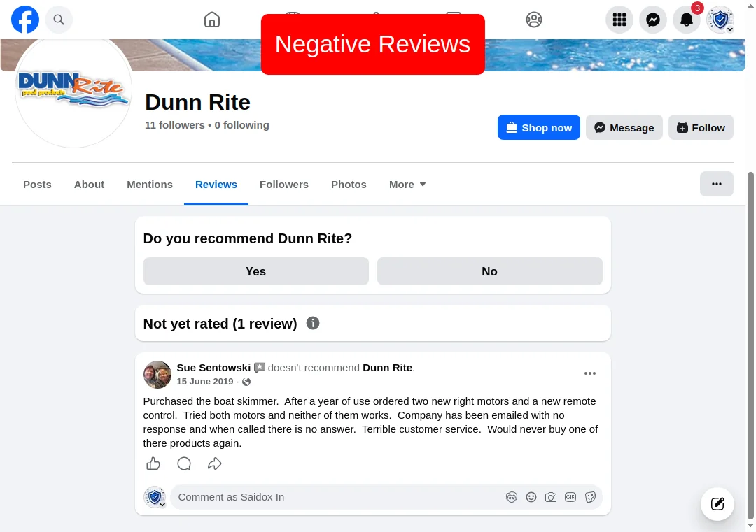 Facebook review showing a user does not recommend dunnriteproducts.com