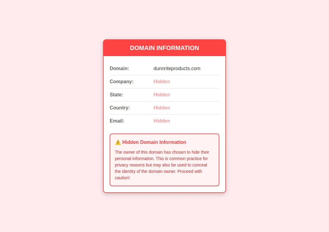 WHOIS privacy alert showing hidden domain registration for dunnriteproducts.com