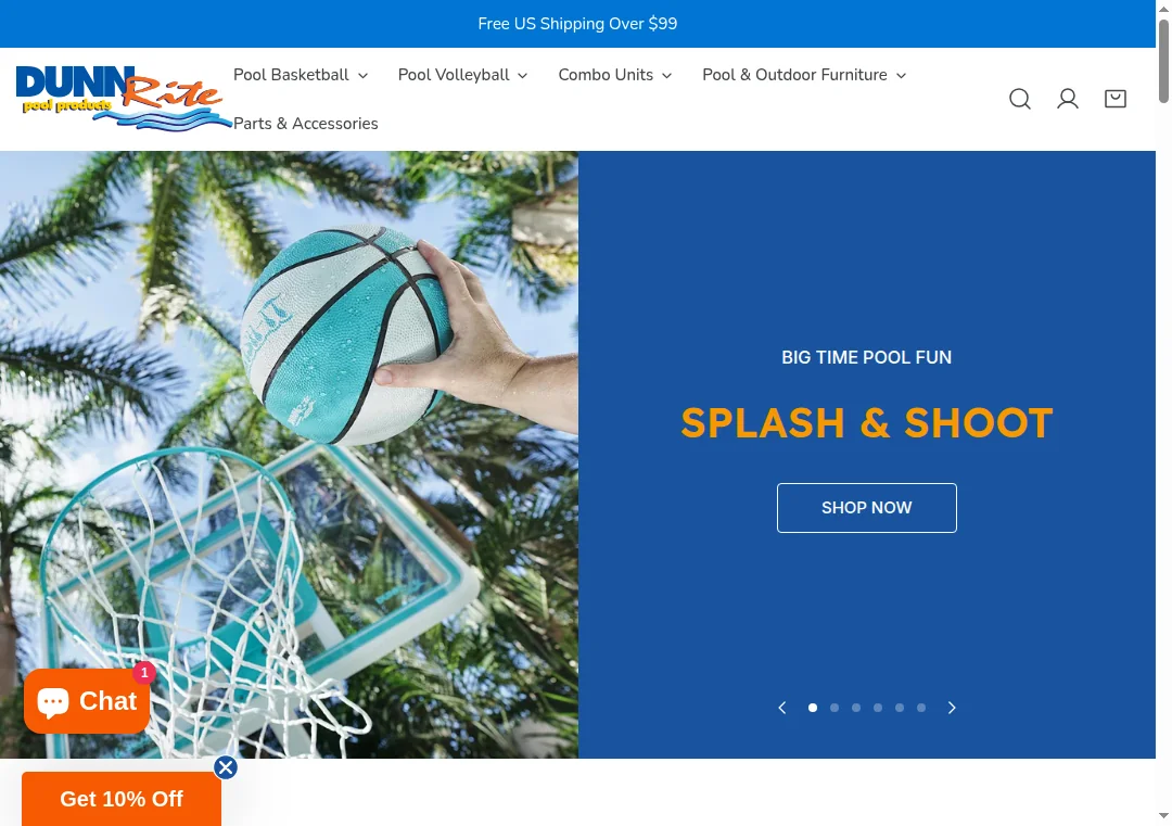 Screenshot of dunnriteproducts.com homepage showing pool products and branding