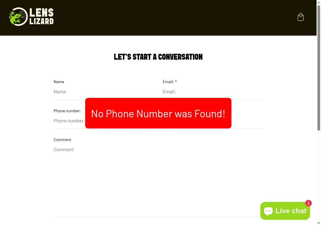 Missing phone number on lenslizard.com contact page