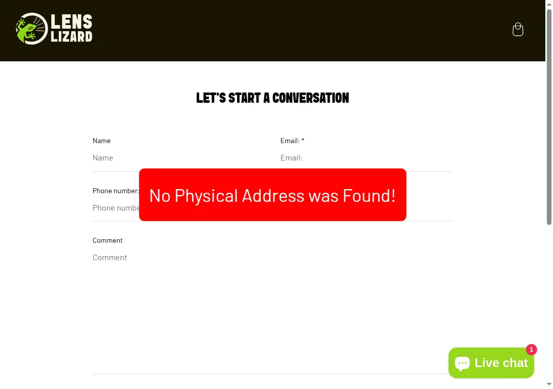 Missing physical address on lenslizard.com website