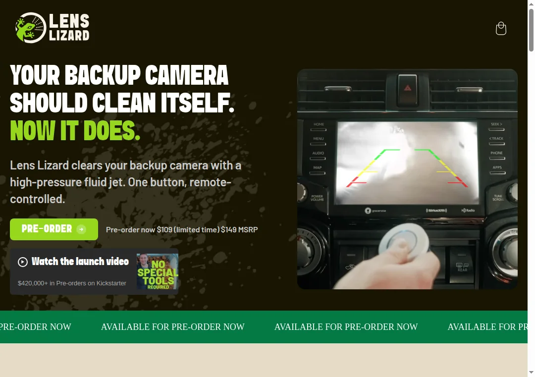 Screenshot of lenslizard.com homepage showing product