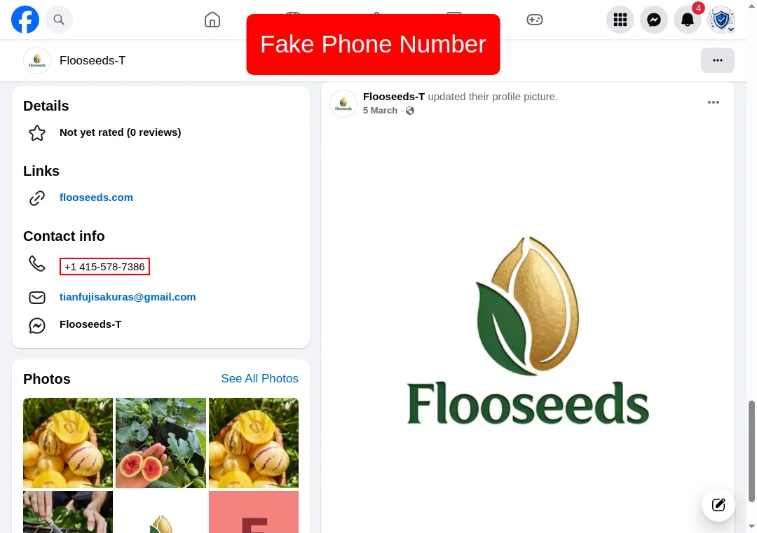 Phone number +1 415-578-7386 linked to flooseeds.com