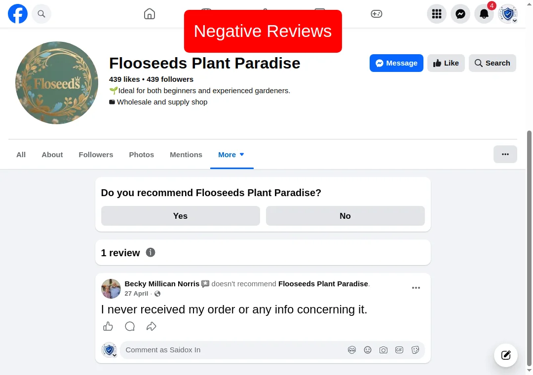Negative Facebook review showing doesn't recommend for flooseeds.com