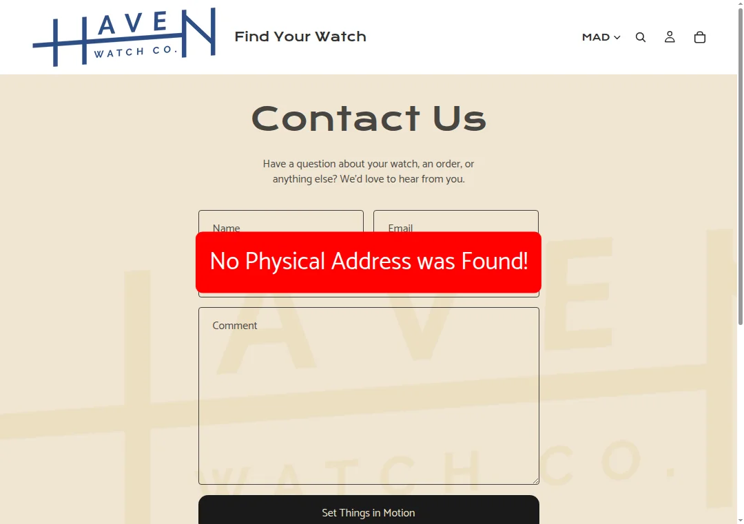 No physical address on havenwatchco.com
