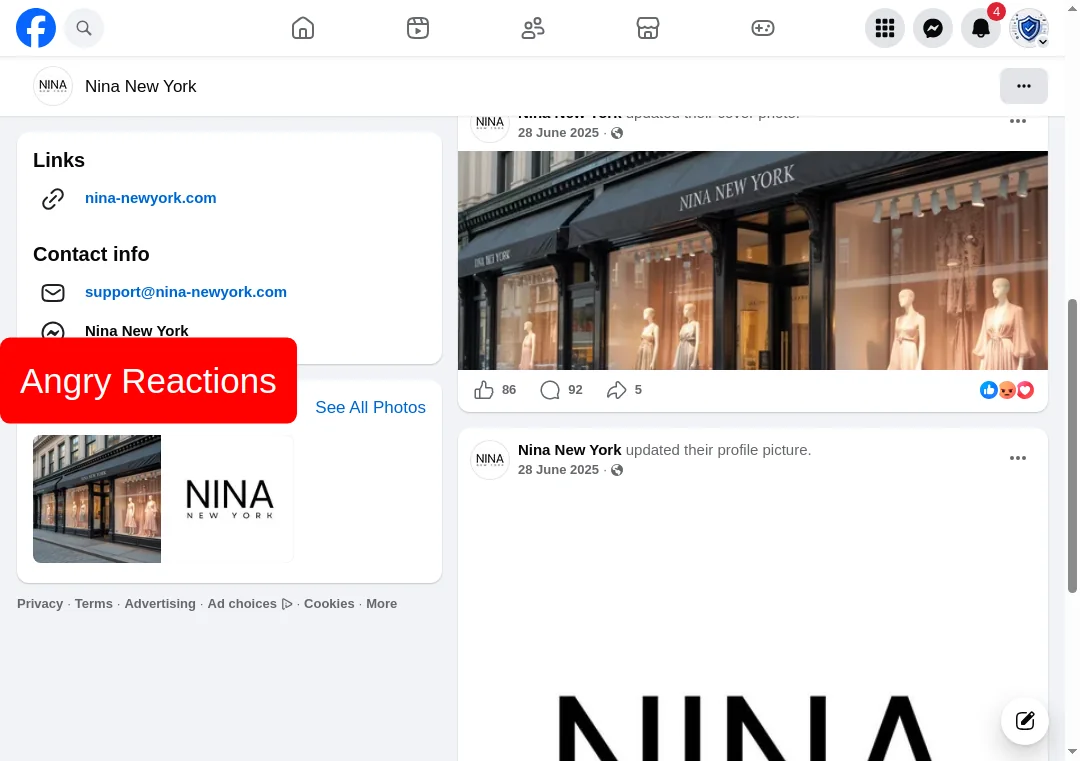 Screenshot of angry reactions on nina-newyork.com's Facebook page