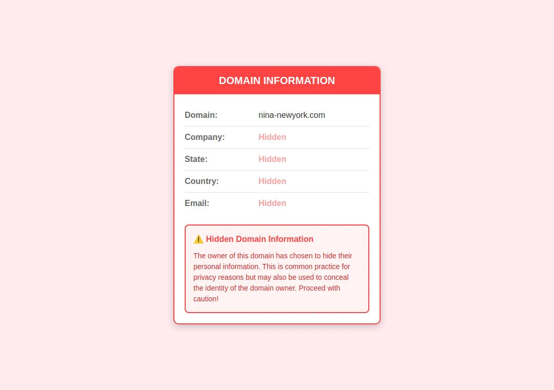 Domain privacy alert showing hidden registration details for nina-newyork.com