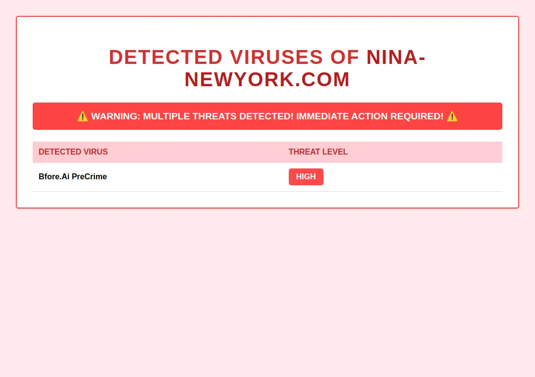 Security scan warning potential malware on nina-newyork.com