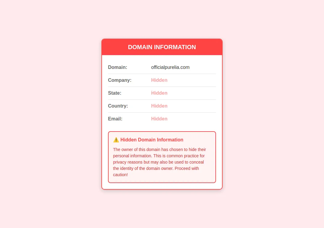 WHOIS privacy alert for officialpurelia.com showing hidden owner information