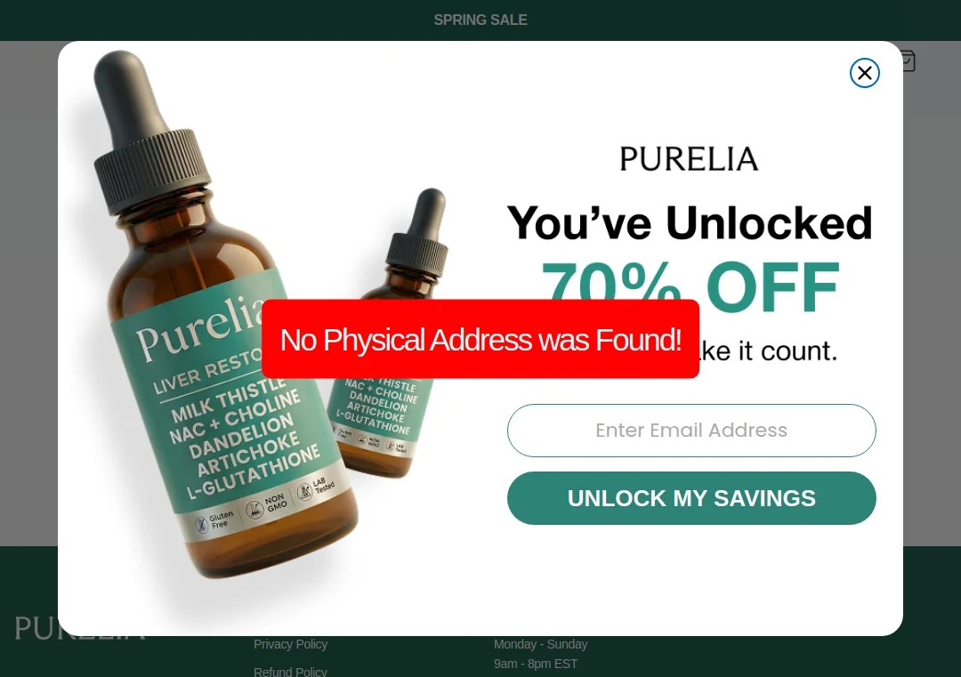 Officialpurelia.com website sections showing no physical address