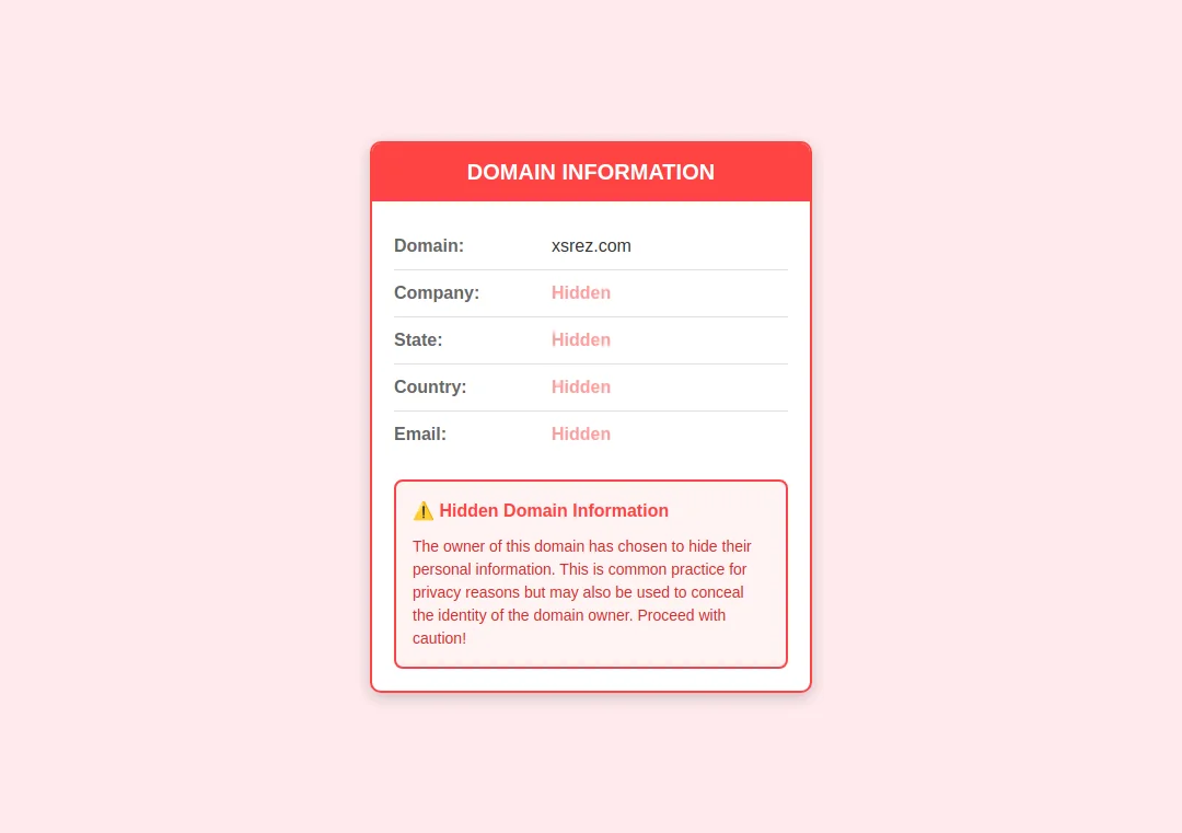 Privacy alert for xsrez.com showing hidden WHOIS registration data