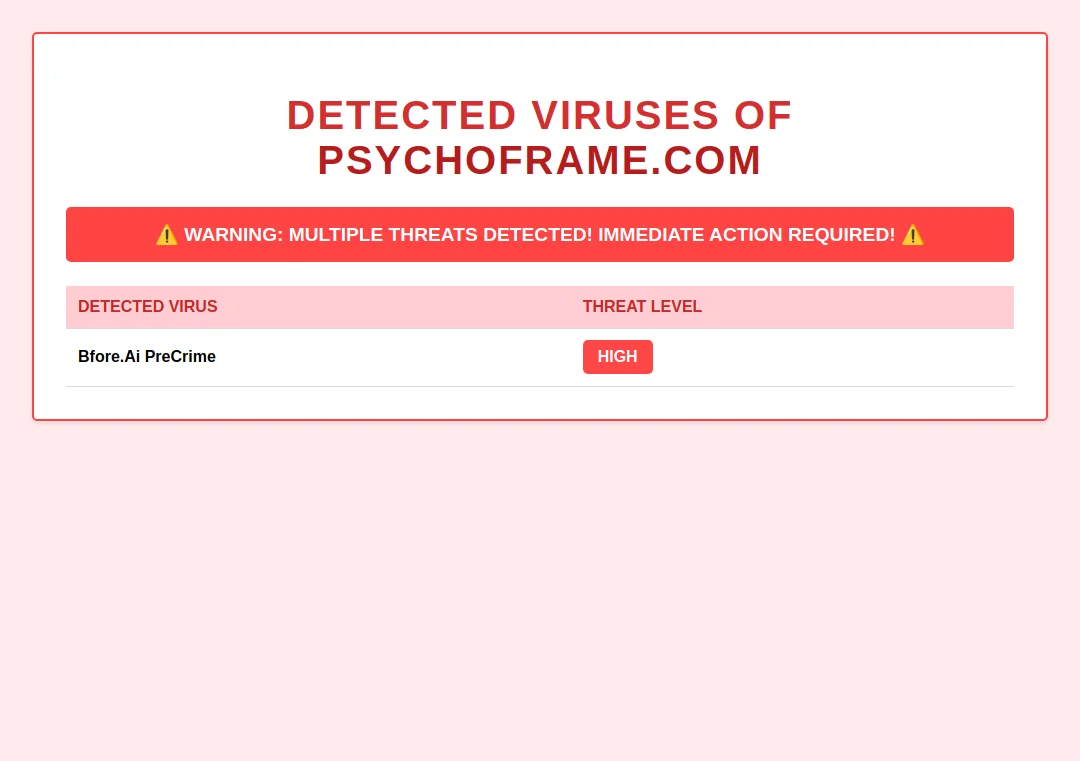 Virus alert warning on psychoframe.com