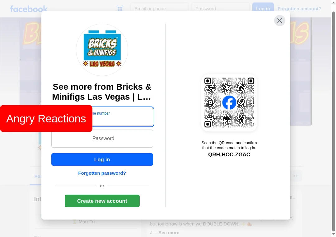 Screenshot of angry Facebook reactions on bricksandminifigs.vegas page