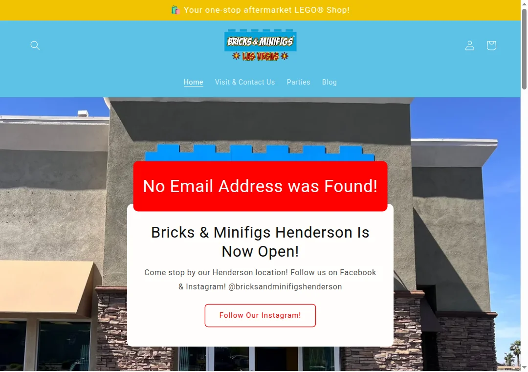 Screenshot showing bricksandminifigs.vegas website with no email address visible