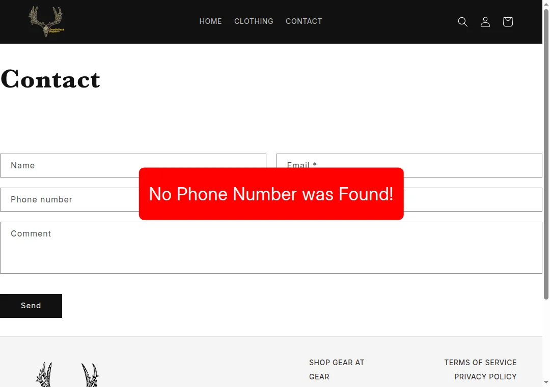 Image showing no phone number listed on deerbedeadoutfitters.com