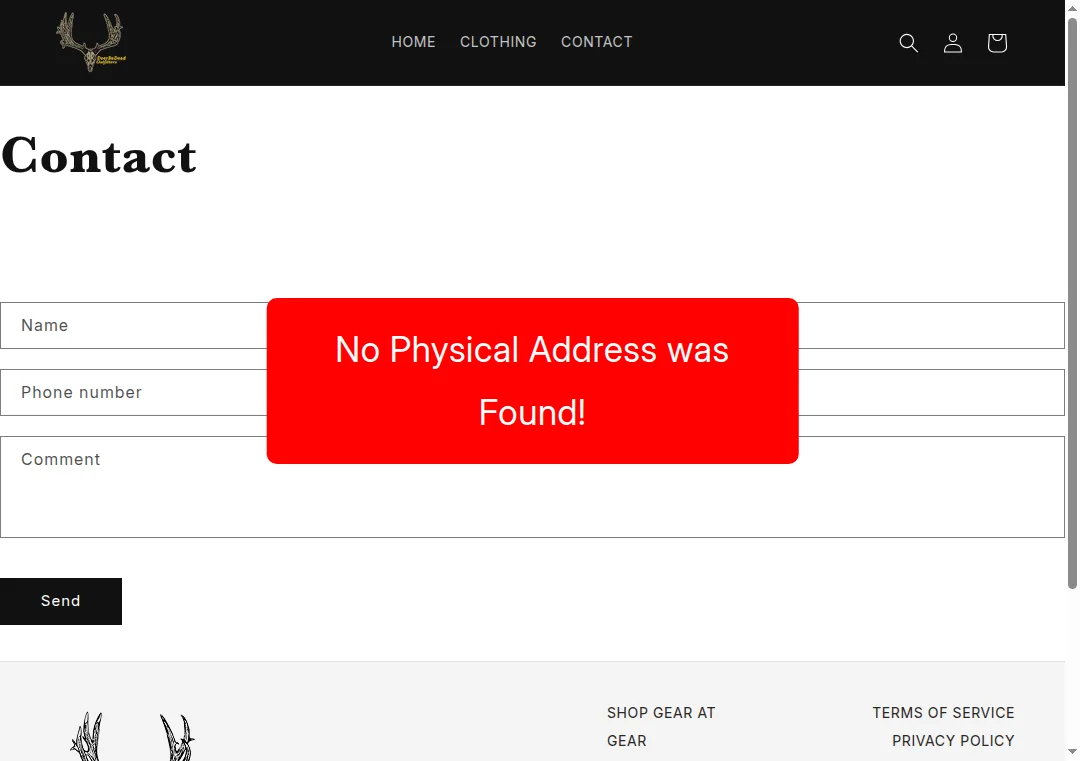Image showing no physical address found on deerbedeadoutfitters.com
