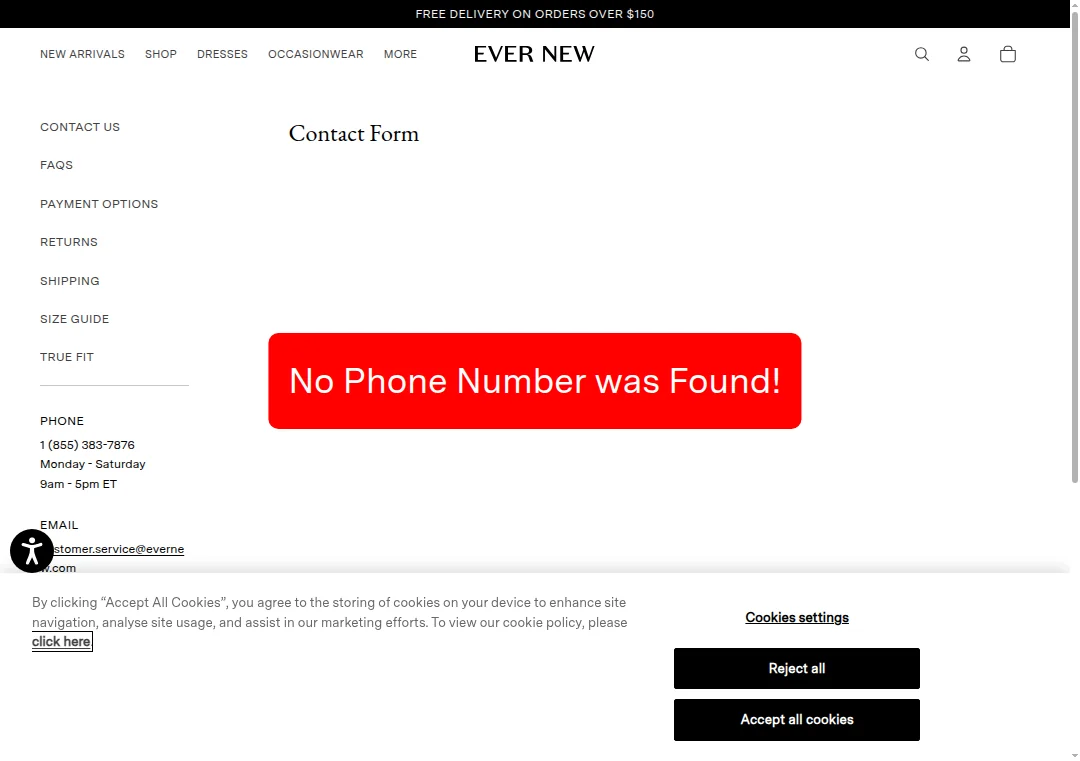 Evernew.com missing phone number screenshot