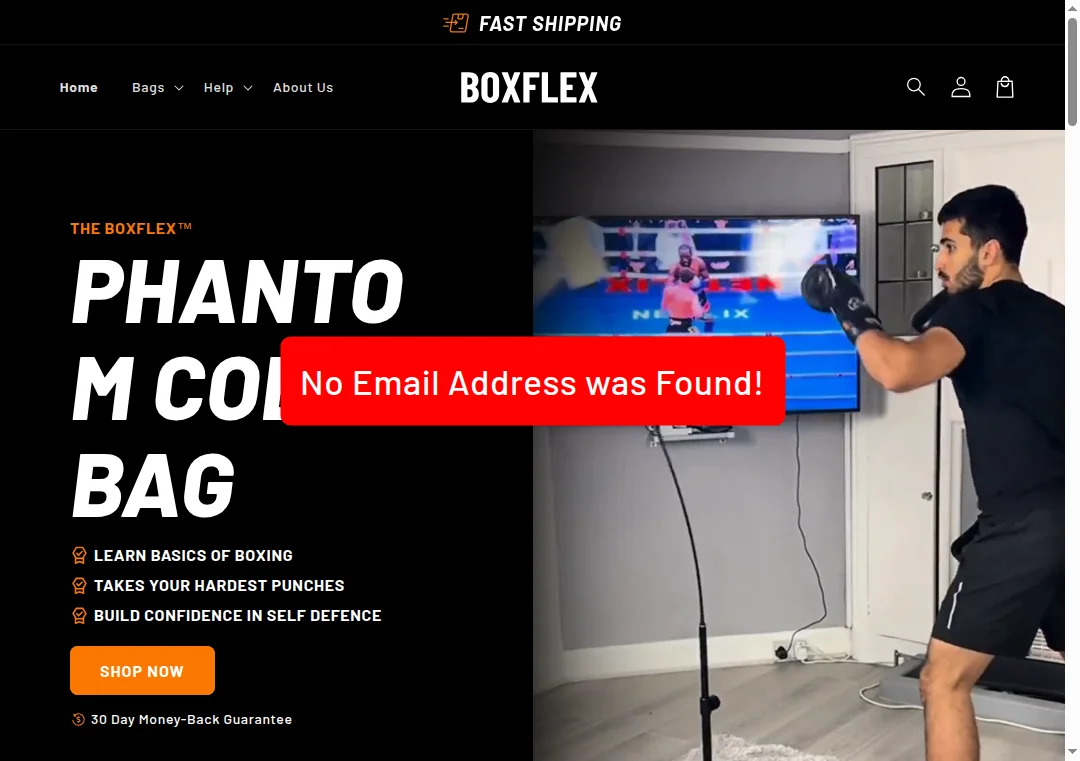 Boxflex.co website showing no email contact option for customer support