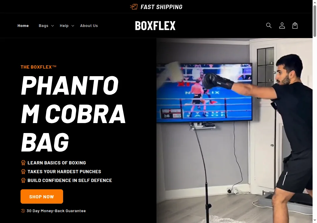 Overview screenshot of Boxflex.co homepage showing the Phantom Cobra Bag