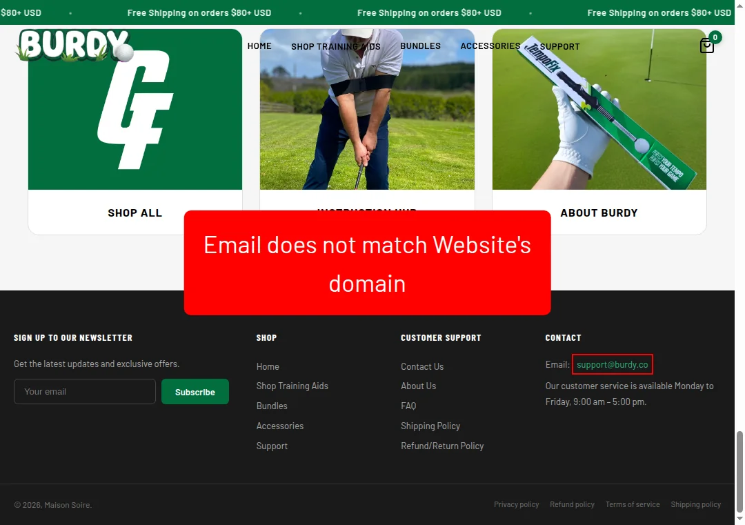 Email domain mismatch alert for maisonsoire.com showing support@burdy.co