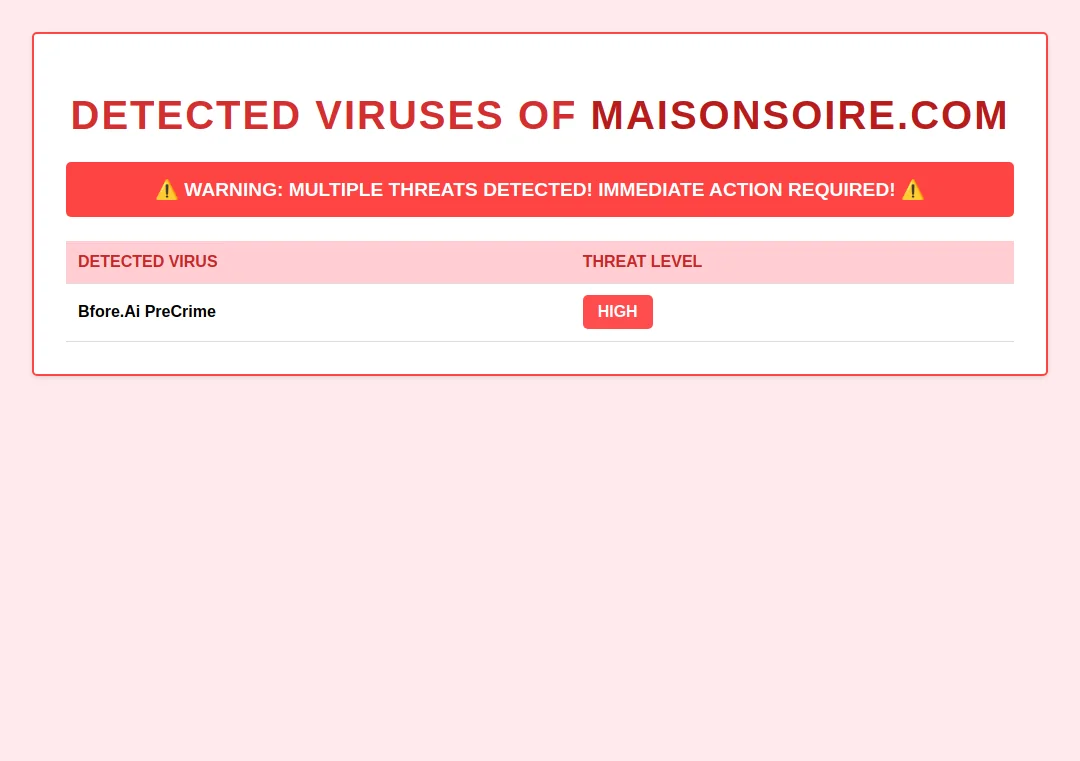 Security alert for maisonsoire.com showing potential malware detected