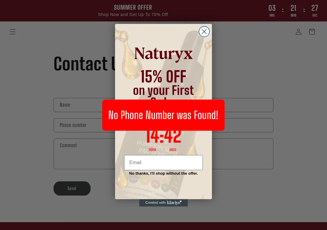 No phone number found on trynaturyx.com contact page