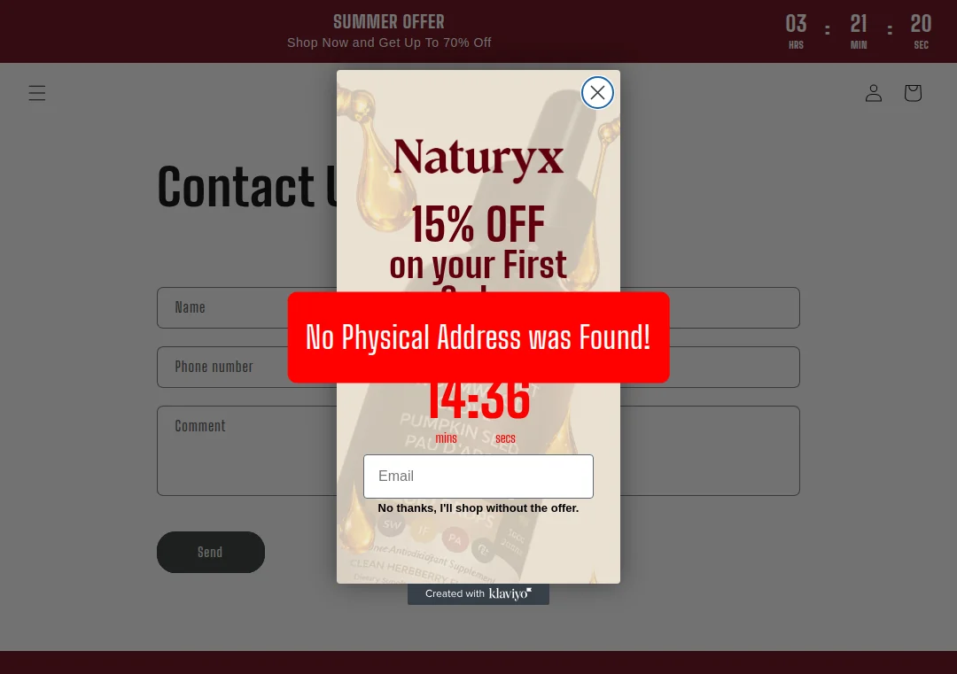 Missing physical address on trynaturyx.com