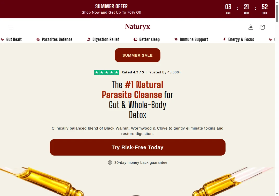 Screenshot of trynaturyx.com homepage showing product promises
