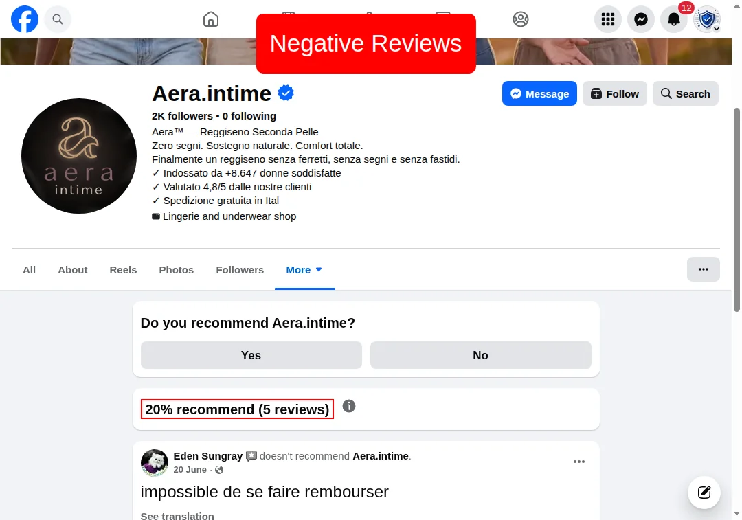 Negative reviews and doesn't recommend feedback on AeraIntime.com Facebook page