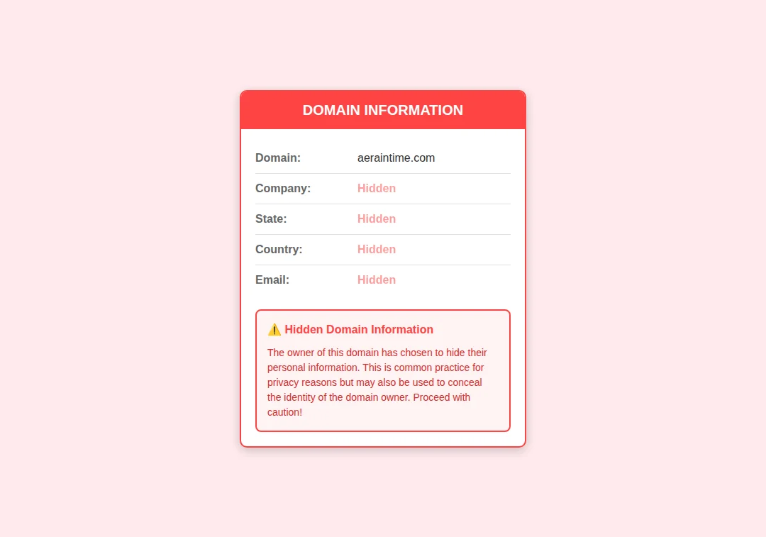 Hidden domain registration details for AeraIntime.com