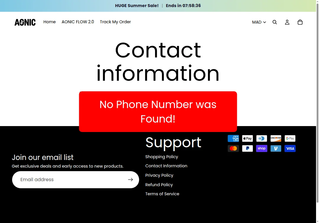 Screenshot showing no phone number on aonicflow.com