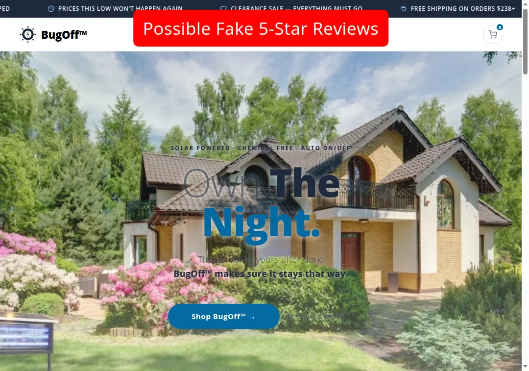 Fake 5-star reviews displayed on BugOff.shop product page
