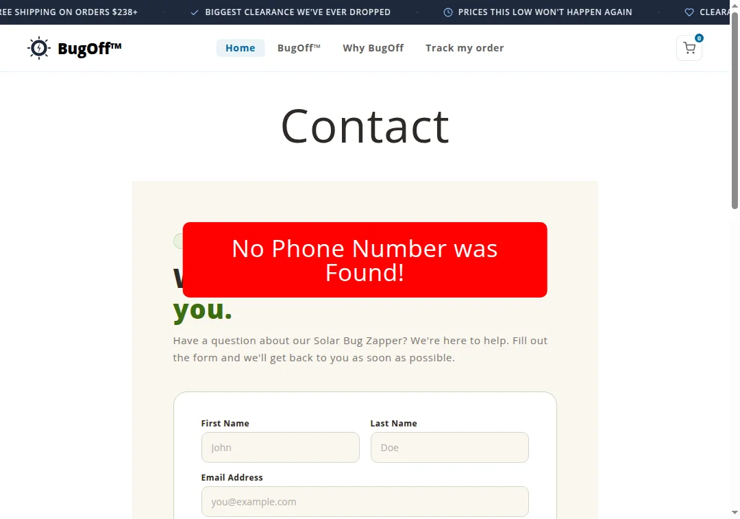 Missing phone number on BugOff.shop contact page