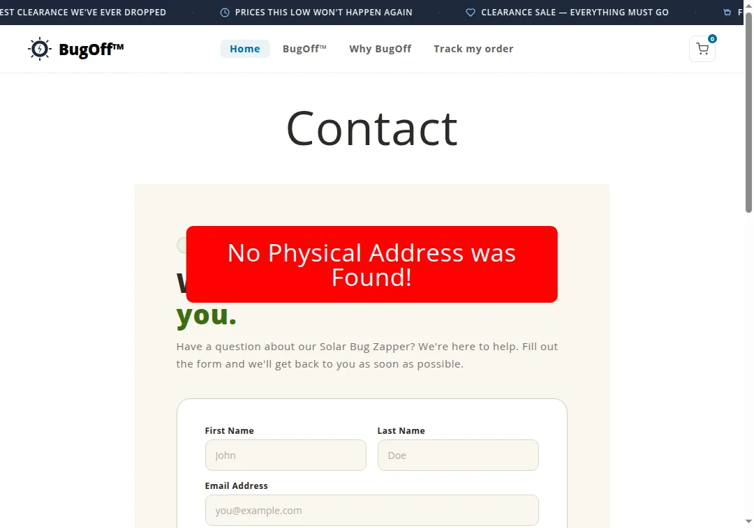 No physical address listed on BugOff.shop website