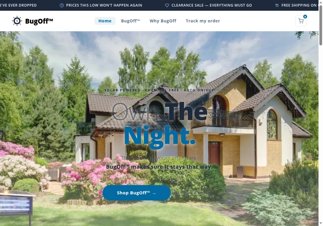 Screenshot of BugOff.shop homepage showing its clean design