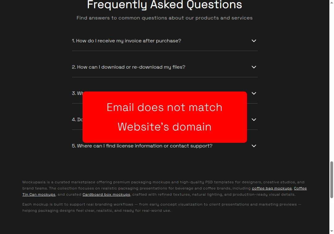 Screenshot showing mismatched email domain for mockupasia.com