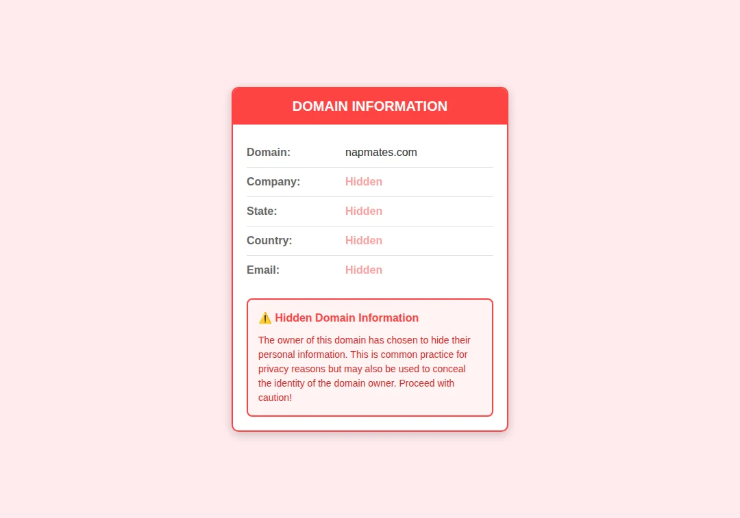 Napmates.com domain privacy alert showing owner details are hidden