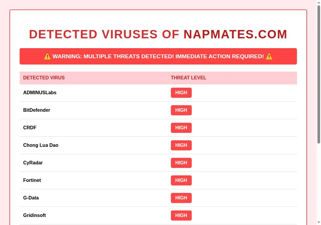Security scan of napmates.com showing potential malware warning
